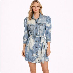 Retrofete Lema Dress Mini Denim Jean Puffed Sleeves Distressed Sexy 80’s size L